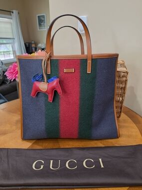 Gucci Sherry Signature Stripe XL  Tote Bag With Charm  EUC